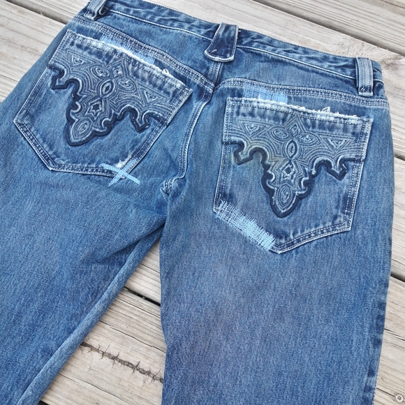 Vintage 90s Jeans Womens Straight Leg Patch Frayed Edge Distressed - Picture 5 of 15